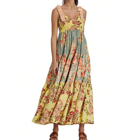 Boho Multicolor Floral Print Shirred Shoulder Tie Ruffle Hem Dress - Picture 3 of 4